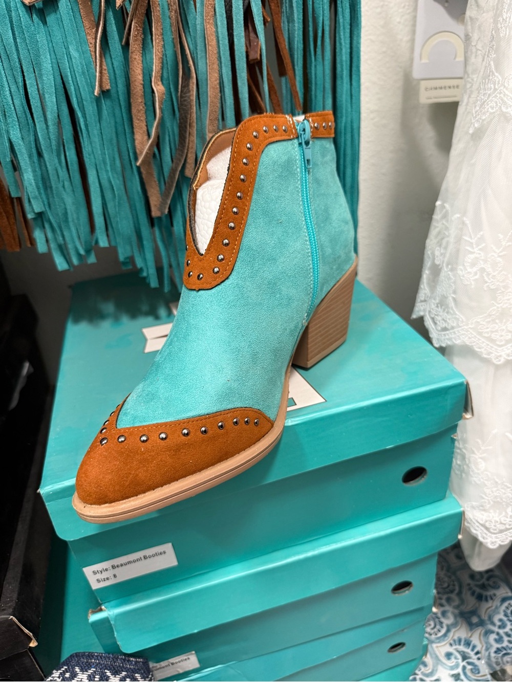 Turquoise & Brown Suede Ankle Boot with Stud Detail